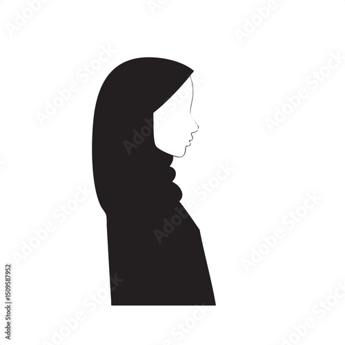 silhouetted woman wearing a headscarf faces to the right.