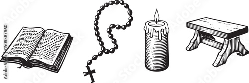 book a rosary and a candle rest on a wooden bench.