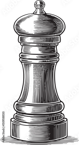 black and white depicts a tall cylindrical pepper grinder.