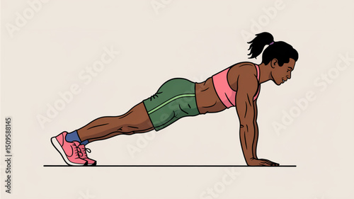 Woman in pink top and green shorts doing a plank exercise on a white background with black line 100 char


