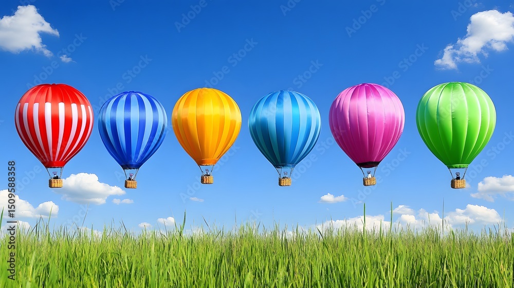 Naklejka premium Five Colorful Hot Air Balloons Over Green Field