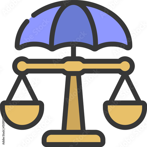 Scales of justice are protected by umbrella, symbolizing legal protection and fairness in business matters, creating a sense of security and trust.