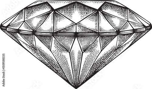 detailed black and white sketch of a brilliant diamond.