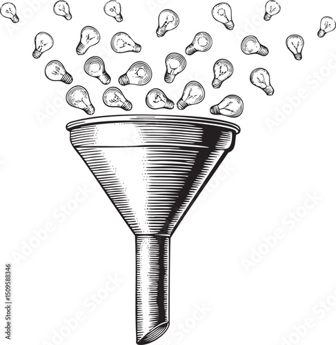 stylized funnel directs a shower of glowing light bulbs upwards.