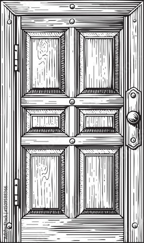 weathered wooden door with a vintage brass handle stands open.