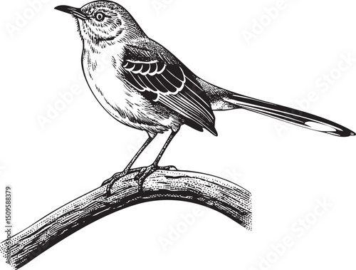 small dark-colored bird perches on a weathered branch.