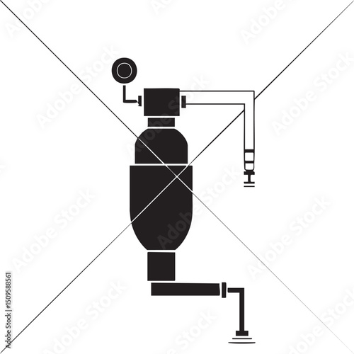 stylized black depicts a pipe with a valve and a circular gauge.