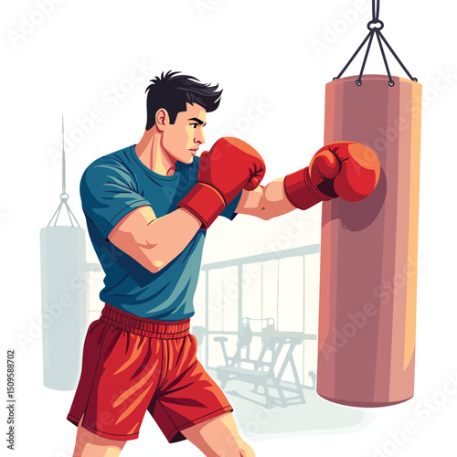 Man boxing workout training with punching bag fitness exercise gym sport martial arts fighting strength