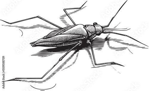 detailed black and white depicts a large insect poised on a textured surface.