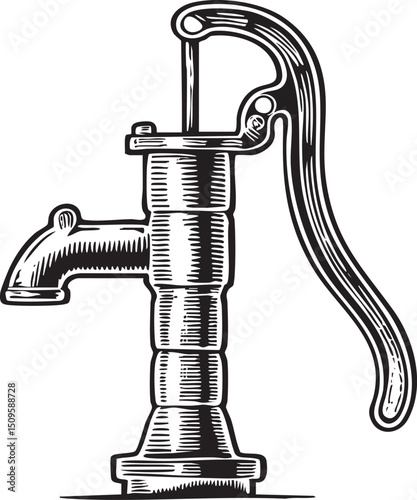 vintage black and white depicts a sturdy hand-operated water pump.
