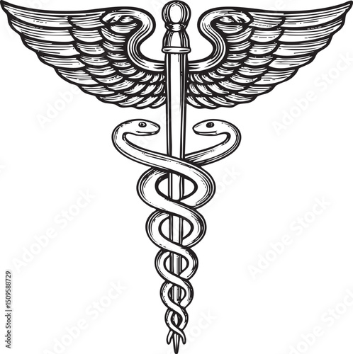 stylized caduceus symbol features a serpent coiled around a staff flanked by feathered wings.