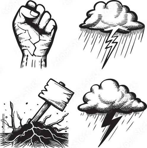 raised hand breaks a wooden sign amidst stormy clouds.