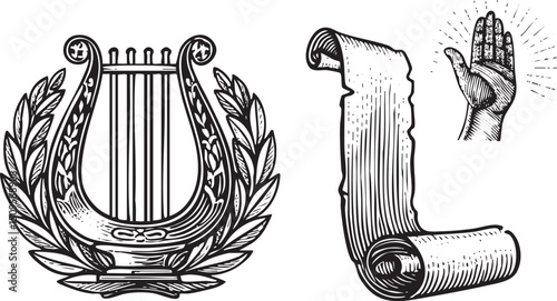 detailed features a harp adorned with laurel branches and a scroll held by a hand.