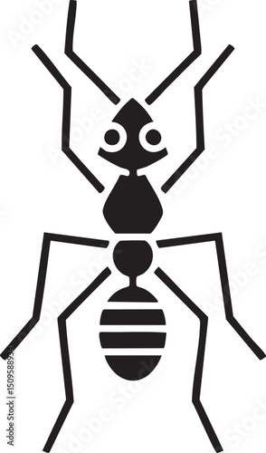 stylized black ant stands upright on a white background.