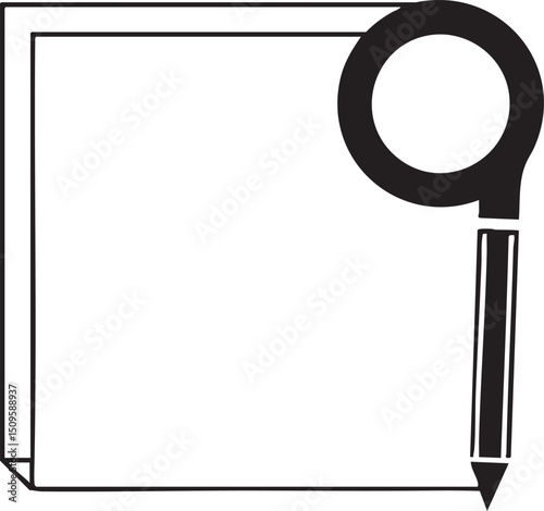 black outline of a sheet of paper is being examined with a magnifying glass.