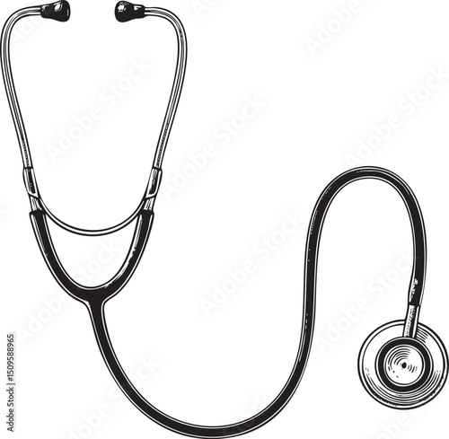 black and white stethoscope rests on a clean white surface.