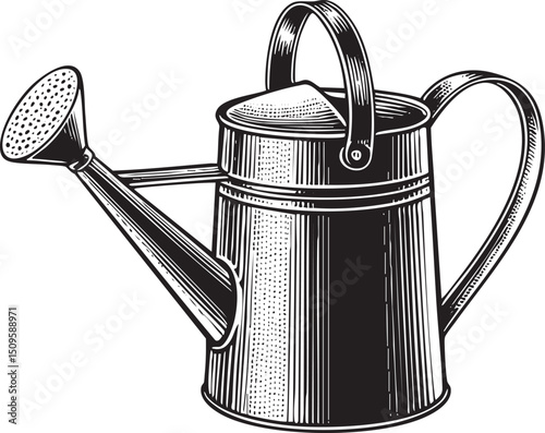 vintage metal watering can rests on a clean white surface.