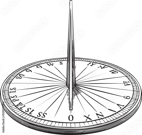 stylized sundial displays the time using a vertical gnomon and numbered markings.