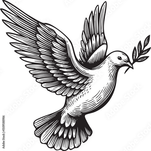 white with a sprig of foliage flies upward in an intricate black and white engraving.