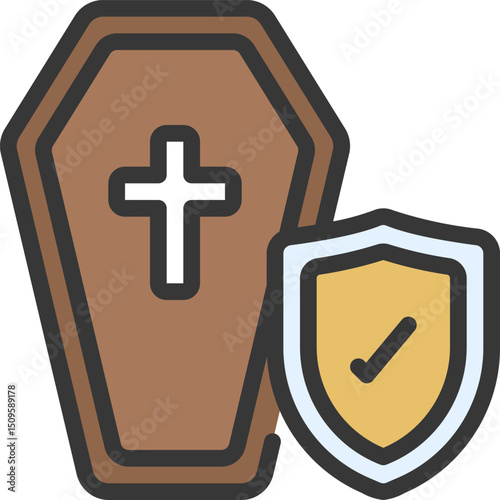 Coffin with shield representing funeral insurance offering protection and security in times of grief and loss, providing peace of mind.