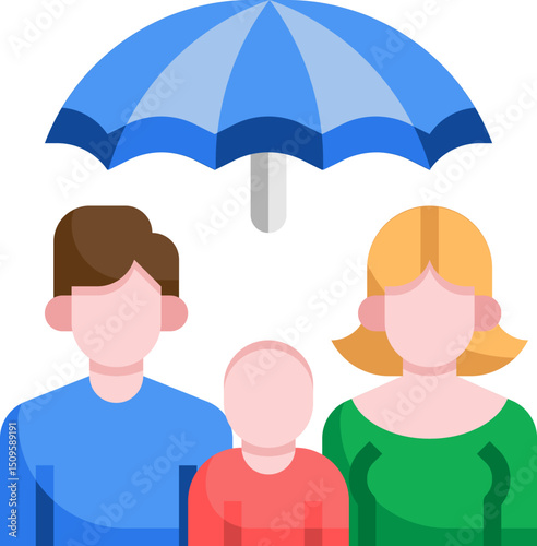 Family stands protected under a blue umbrella, symbolizing safety and security in a simple, modern style.