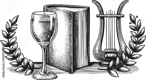 book a wine glass and a lyre are arranged on a surface adorned with laurel branches.
