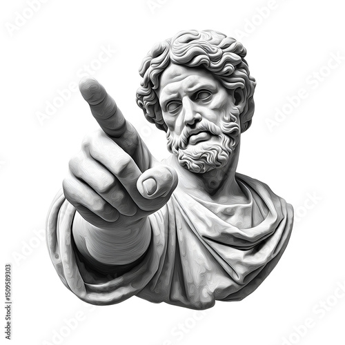 Digital rendering of a classical Greek-style marble statue pointing outward, symbolizing command, power, or divine judgment. transparent background PNG