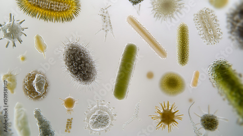 Microscopic View of Diverse Microorganisms and Bacteria