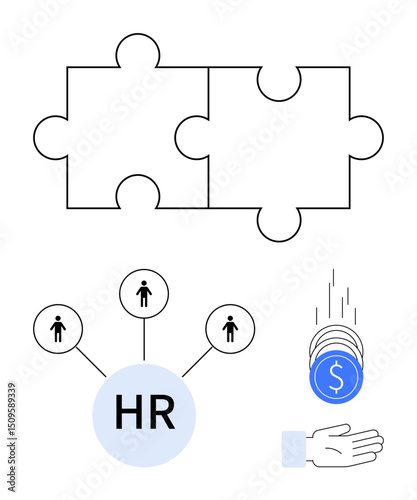 Two puzzle pieces, HR node connecting icons representing people, a hand catching falling coins. Ideal for teamwork, hiring, HR processes, workforce planning, business, collaboration simple landing