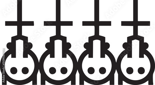 Four stylized downward-facing figures are suspended on horizontal lines.