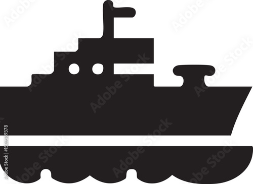 stylized black and white silhouette of a ship on the water.
