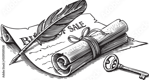 rolled parchment scroll with a feather quill and key displays ‘Read on Sale’.