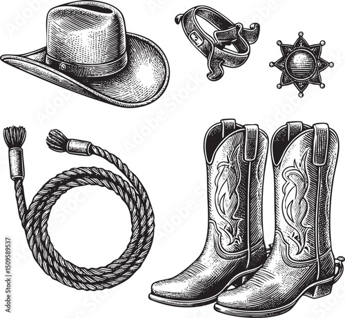 detailed engraving depicts a cowboy hat a belt buckle and a star symbol alongside boots and rope.