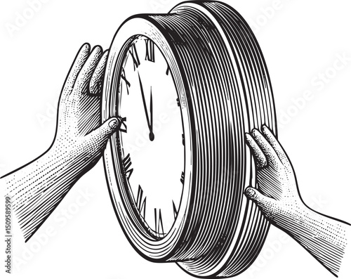 Two hands adjust a circular clock face.