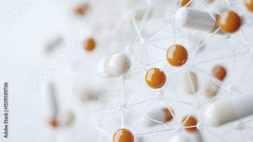 Molecular Structure with Orange and White Spheres Connected by Transparent Rods