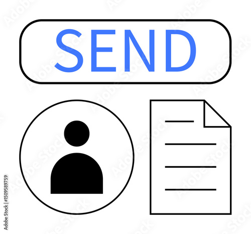 SEND button above profile icon next to a document symbolizing communication, data sharing, or online documentation. Ideal for email, communication, messaging, networking, collaboration, file