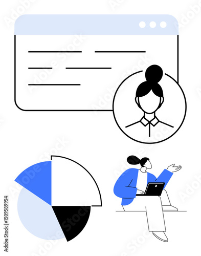 Woman working on laptop near chart, browser window, and user profile. Ideal for teamwork, analytics, user experience, design, data, remote work flat simple metaphor