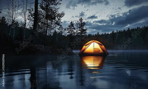 Serene Twilight Illuminated Tent on Calm Lake