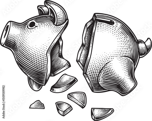 shattered piggy bank lies broken into pieces on a white surface.
