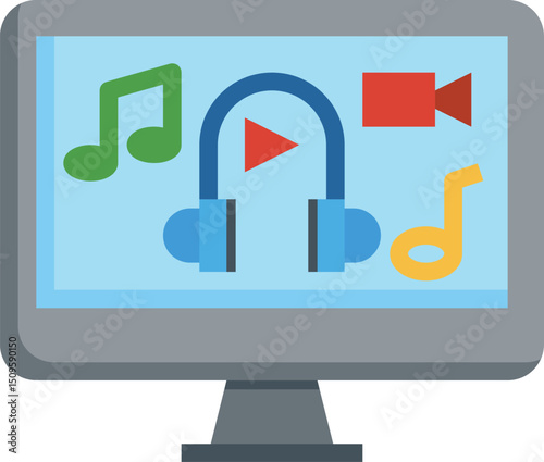 Computer screen displaying music notes, headphones, and a video camera represents multimedia content and entertainment, creating a vibrant and engaging atmosphere.