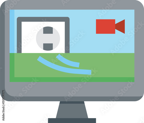 Computer screen displays live soccer game footage with camera recording the action on a bright green field, capturing the excitement of the match.