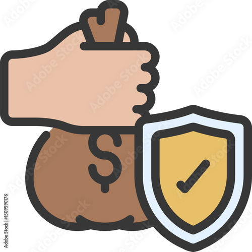 Hand holding money bag with shield protecting finances against financial risk, symbolizing security and investment safety in business world.