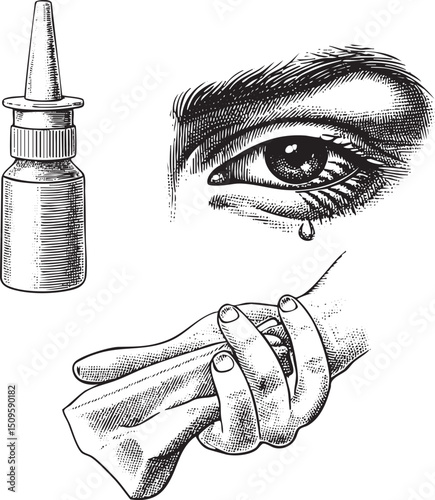 close-up reveals a tear from an eye near a nasal spray bottle.
