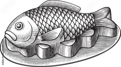 stylized black and white depicts a fish-shaped block of cheese resting on a round plate.