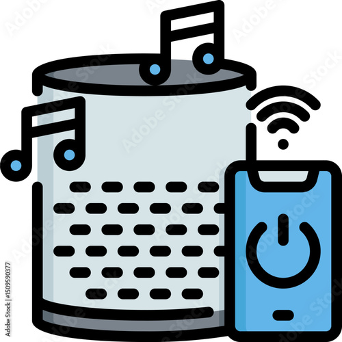Smart speaker playing music controlled by a smartphone, demonstrating modern technology and convenience in a connected home environment.