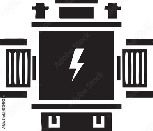 stark black and white depicts a rectangular frame containing a lightning bolt.