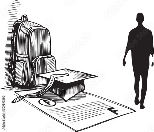 graduate stands beside a backpack and diploma reflecting on academic achievement.