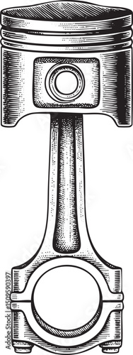detailed black and white engraving depicts a piston with an integrated camera lens.