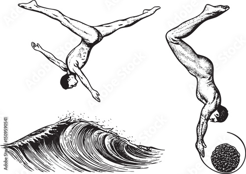 Two figures execute a diving motion over a breaking wave.