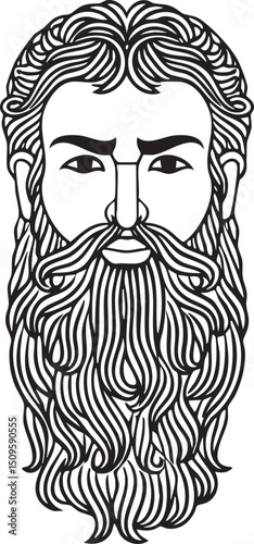 man with a long intricately patterned beard stares intently.